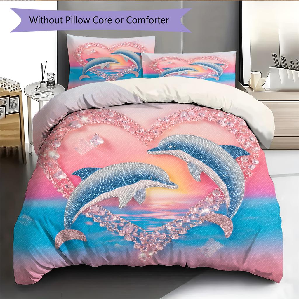 Kreslené Barevné Delfíní Vzor Povlečení Domácí Dekorace Narozeninový Dárek (1 * povlak na peřinu + 2 * povlak na polštář, bez jádra)