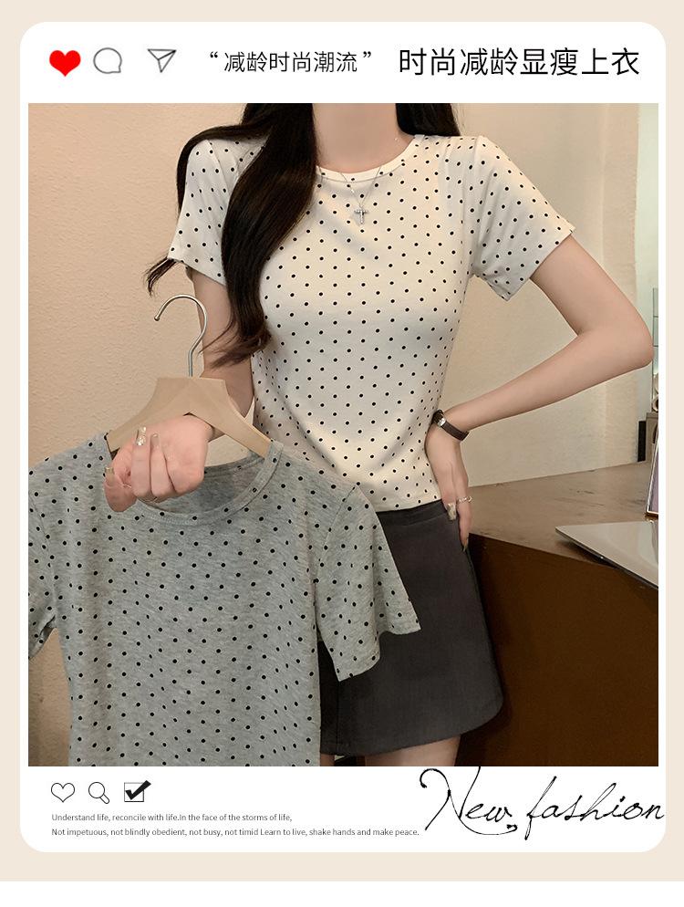 Gray polka dot front shoulder short-sleeved T-shirt women's summer new design sense niche slim and thin short top