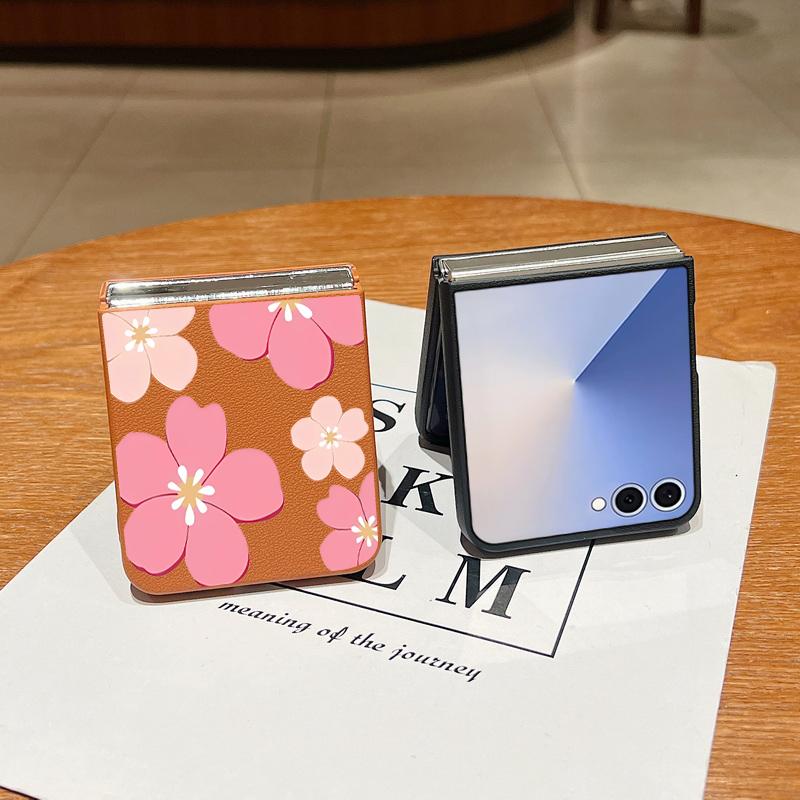 Fresh Style Cherry Blossom Pattern Case For Samsung Z Flip 7 6 5 4 Leather Texture Folding Fhone Cover For Galaxy Z Flip7 Flip6 Flip5