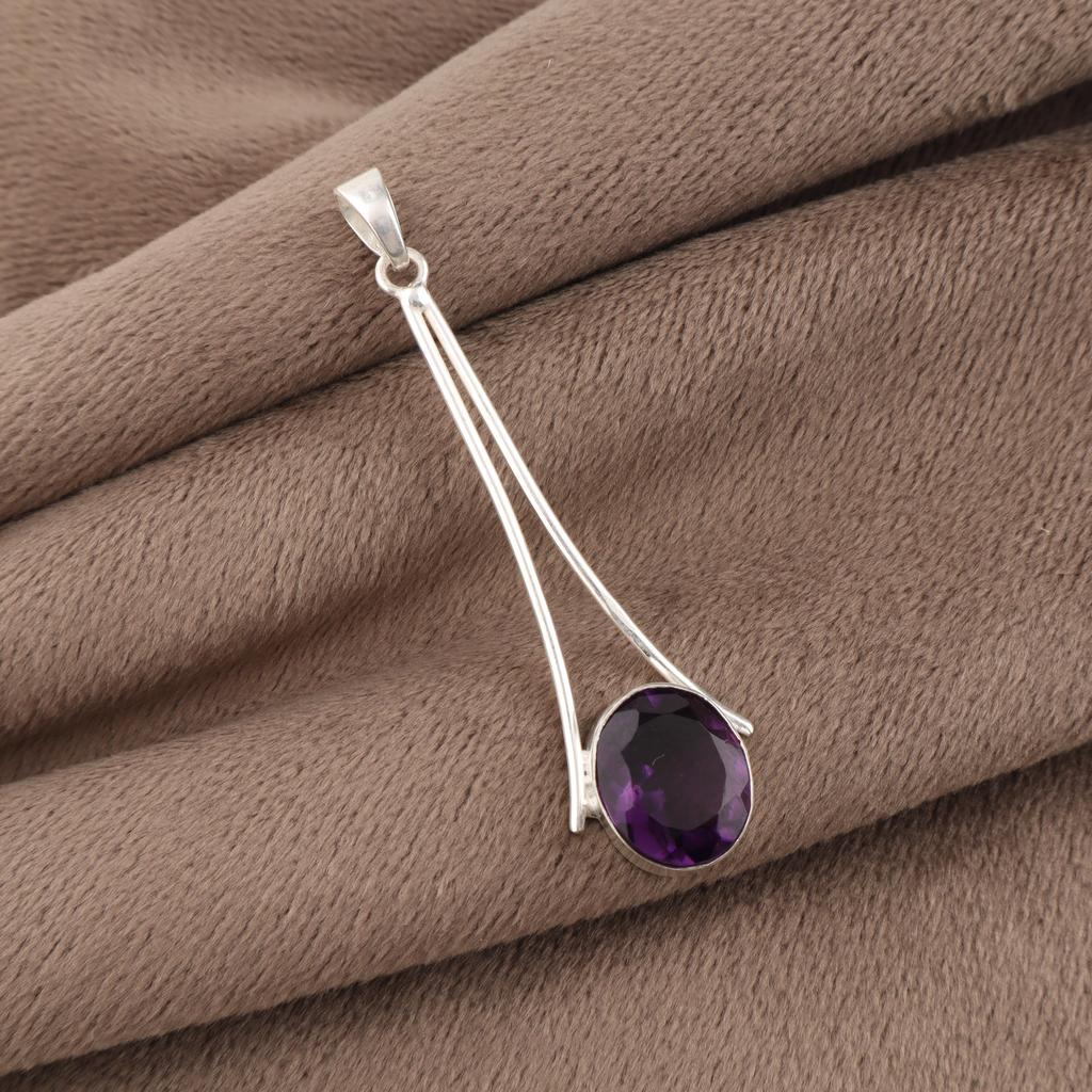 Amethyst Gemstone 925 Sterling Silver Handmade Jewelry Designer Pendant 1.79" Gift For Birthday PP-69-1