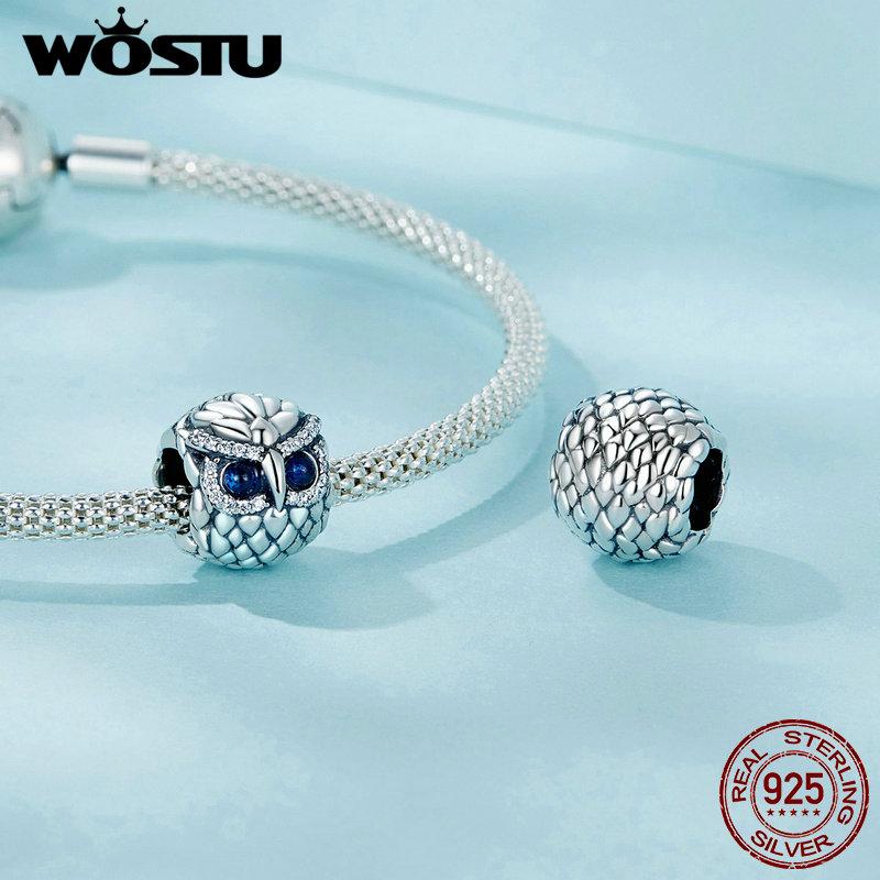 WOSTU 925 Sterling Silver Cute Panda Safty Chains Owls Dog Animal Charms Coffee Cup Beads Fit Bracelets DIY Necklace PartyGift