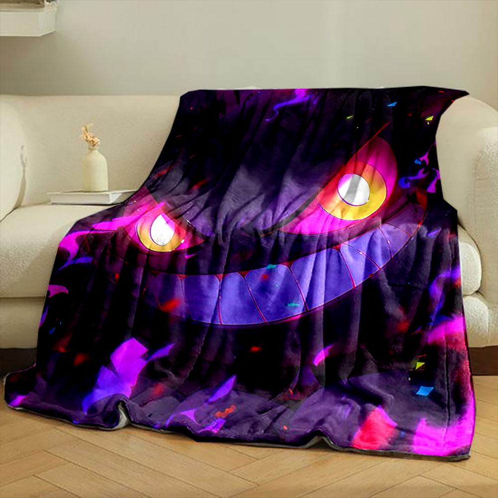Glowing purple and orange face with sharp teeth and fiery accents. for all seasons blanket lunch break throw gift