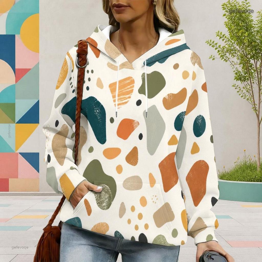 Kadın Plus Beden Uzun Kollu İpli Kapüşonlu Sweatshirt Soyut Baskılı Kanguru Cepli Pullover