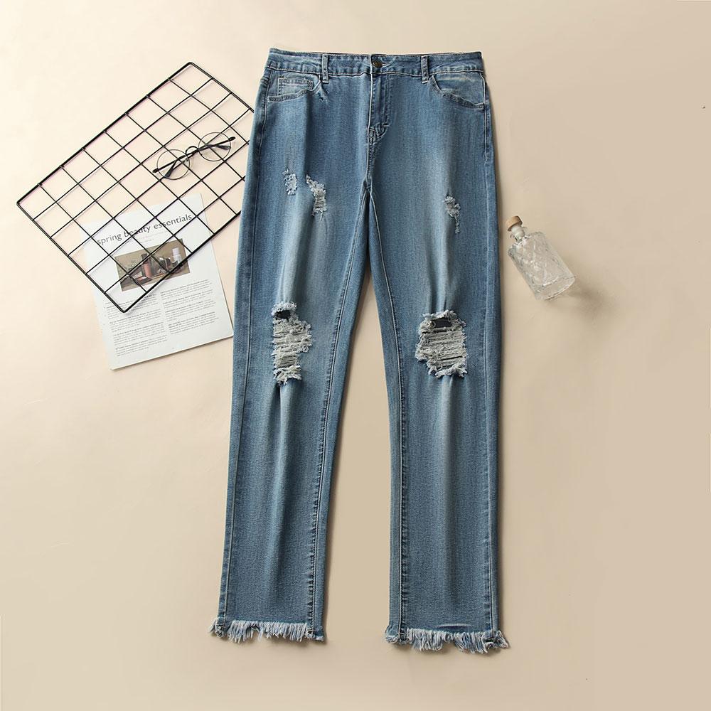 

DIMANAF 2022 летние джинсы, длинные брюки, женские эластичные базовые брюки с рваными отверстиями, свободные повседневные джинсовые женские повседневные женские брюки, брюки XXL синий