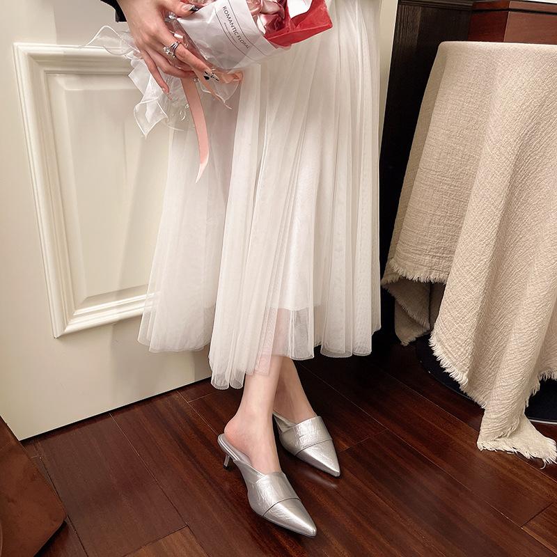French temperament bag head half slippers women's shoes wear 2025 new summer fashion pointed black high-heeled sandals