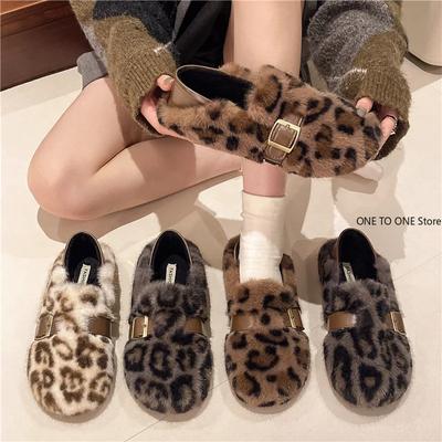 Women's Fashion Flat Shoes Winter New Round Head Shallow Mouth Leopard Soft Sole Anti-slip Wear-resistant Plush Shoes Tenis