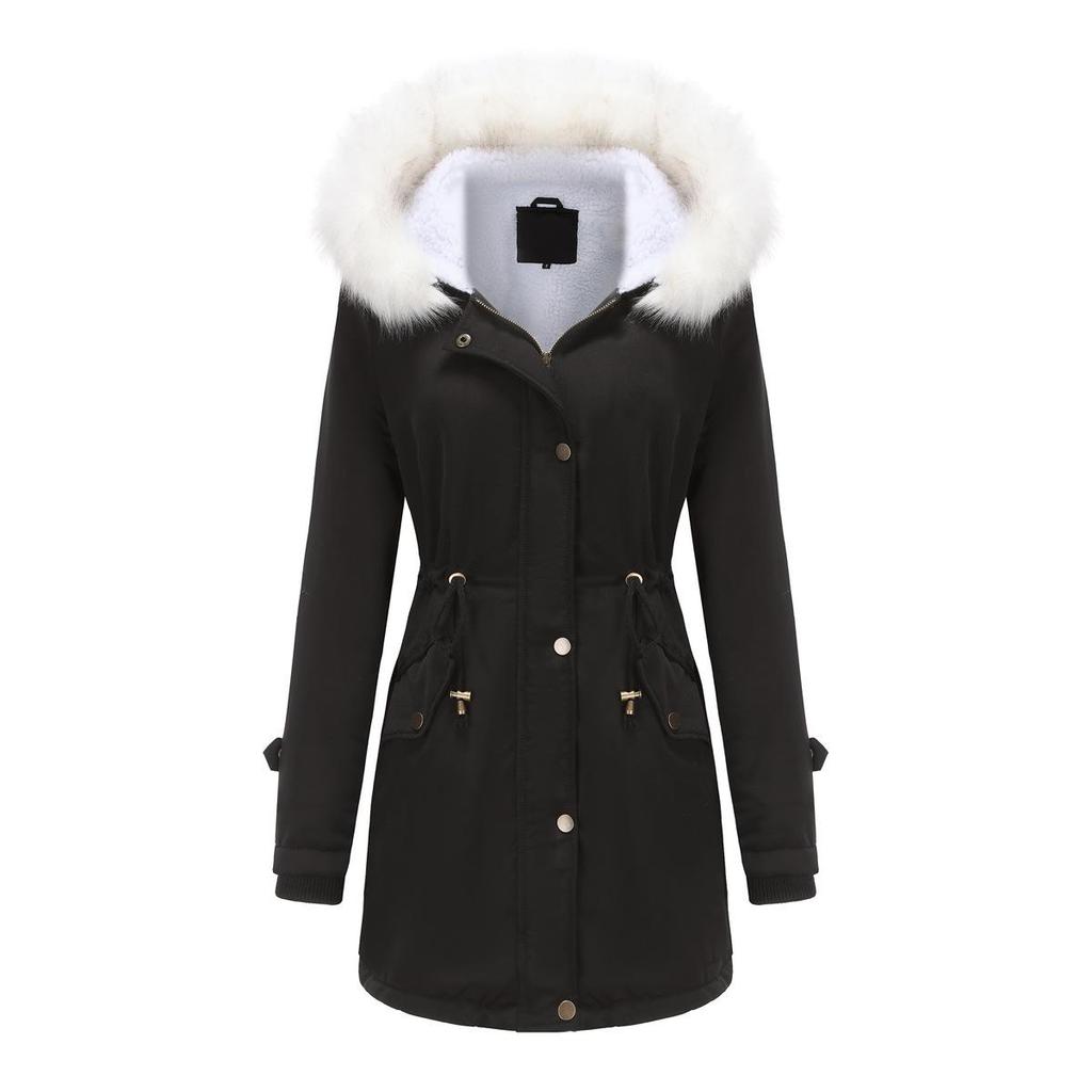2023 Women's Detachable Fur Collar Parka: Long Sleeve Hooded Cotton Coat with Fleece Lining for Autumn/Winter