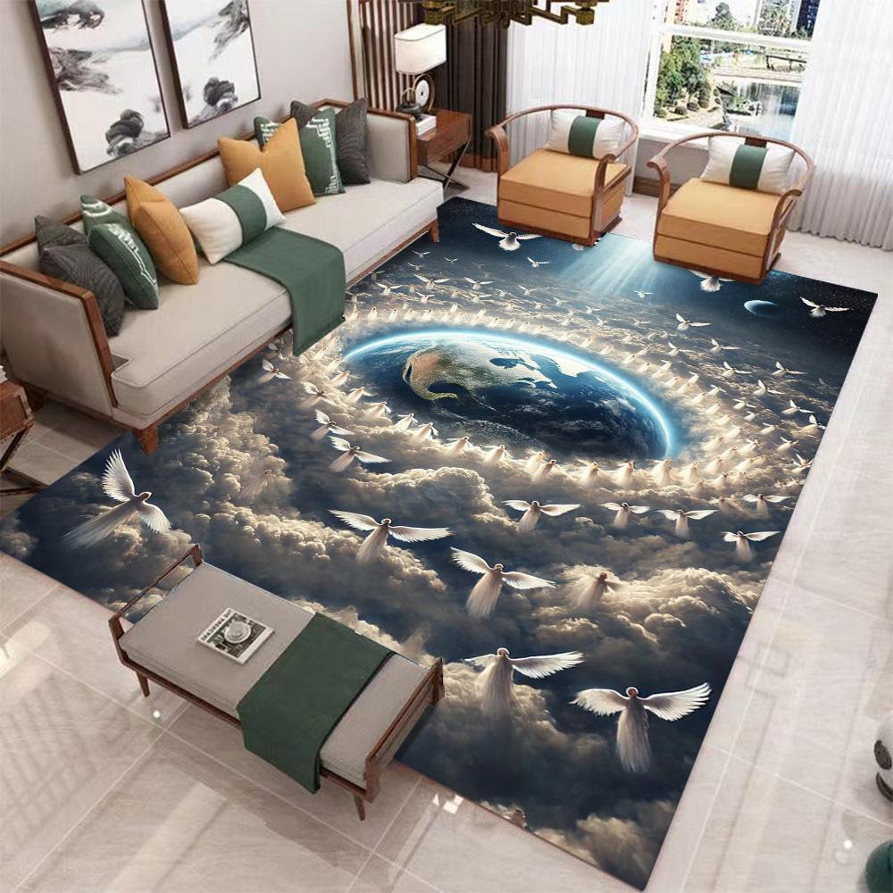 Heavenly Angels Carpet Mat Divine Light Celestial Earth Living Room Rug with Ethereal Clouds Design Home Decoration Bedroom