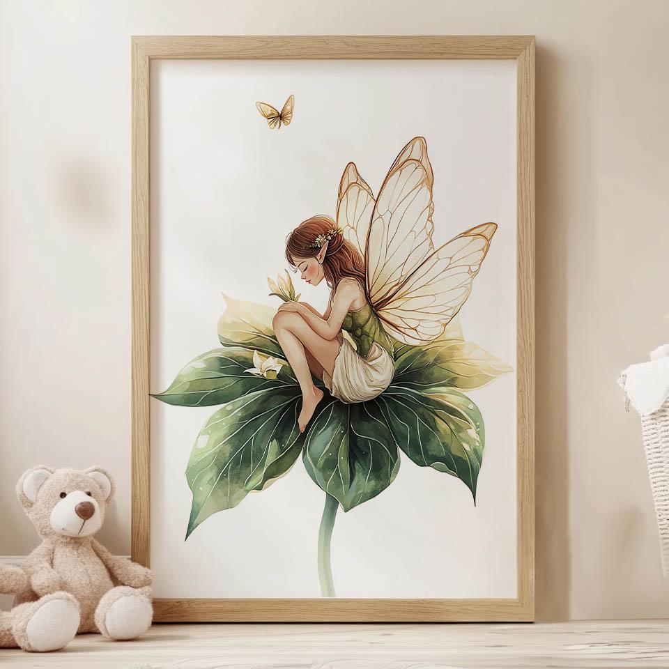 Poster Magic Fairy On Green Leaf Poster Magic Fairy On Green Leaf, 70X100 Cm, Frameless, Premium Canvas On Stretcher