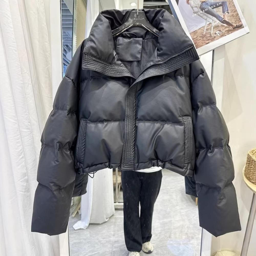 Women's Stand Collar Long Sleeve Cropped Jacket Loose Fit Casual Puffer Coat Winter Warm Outerwear