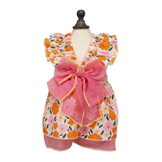 Spring Summer Pet Dress Ruffle Flying Sleeves Tulle Bow Floral Print Small
