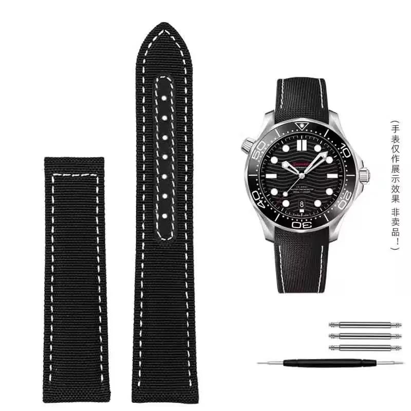 Woven Canvas Watch Strap For Omega Seamaster 300 AT150 Fabric Leather Nylon AQUA TERRA 150 Blue Black Watchband 19mm 20mm