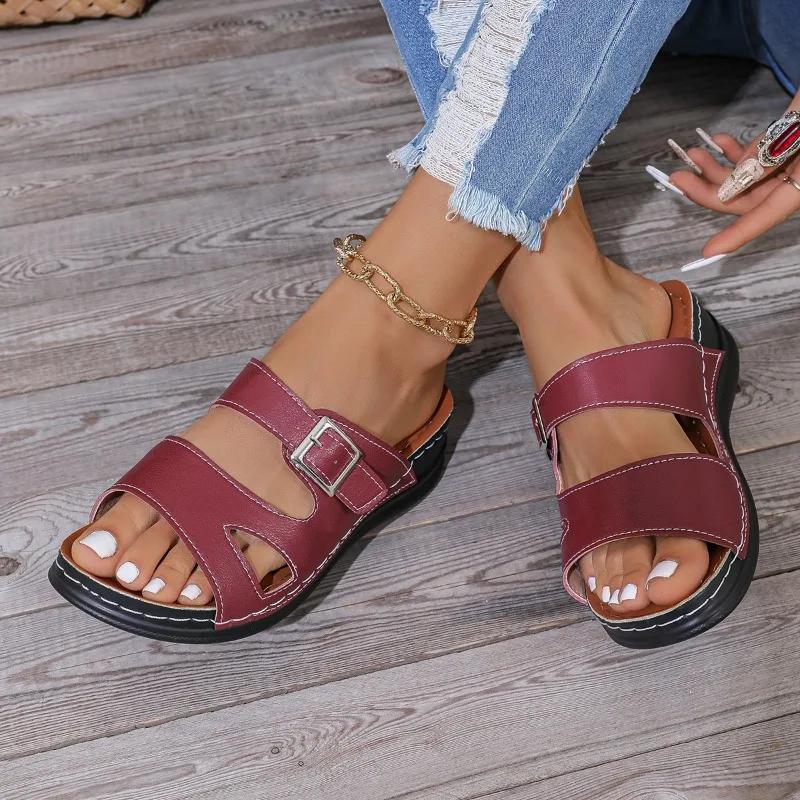 Mode 2024 Heißer Verkauf Schuhe Damen Zehenfrei Damen Hausschuhe Sommer Römische Schnalle Uni Outdoor Casual Strand Keil Große Größe Hausschuhe