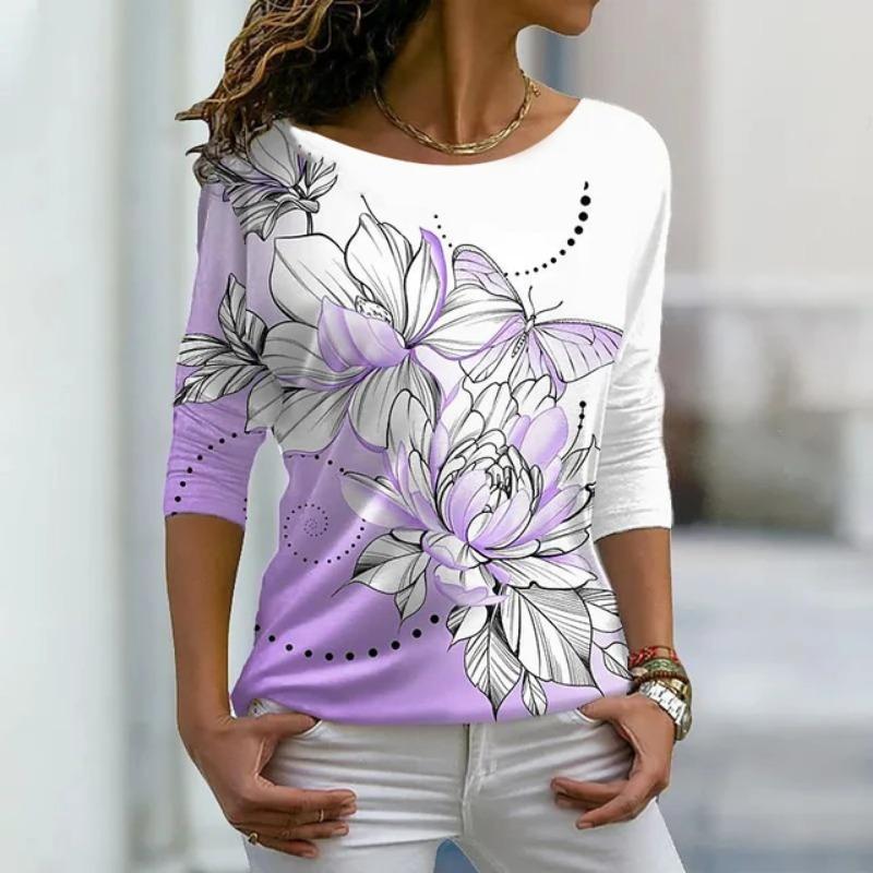 Autumn versatile long sleeved women's T-shirt with floral pattern printed regular retro casual O-Neck Bohemian multi-color top