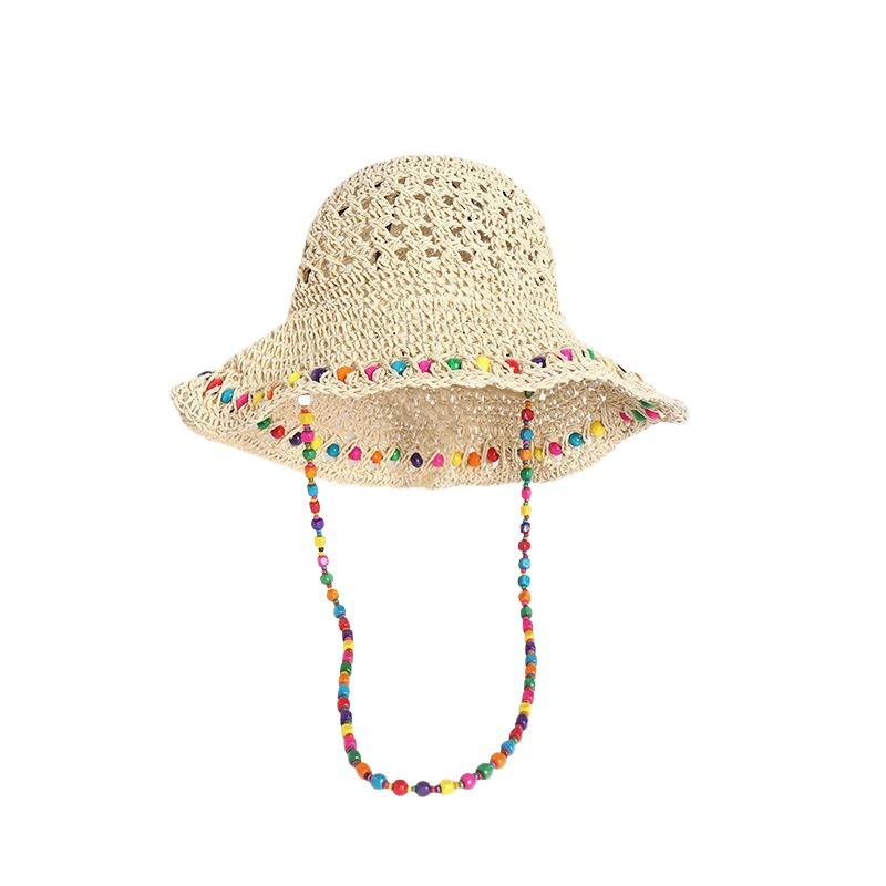 Chapeau Seau d'Été pour Femme en Paille Bord Large Protection Solaire Pliable Chapeau de Soleil avec Perles Colorées