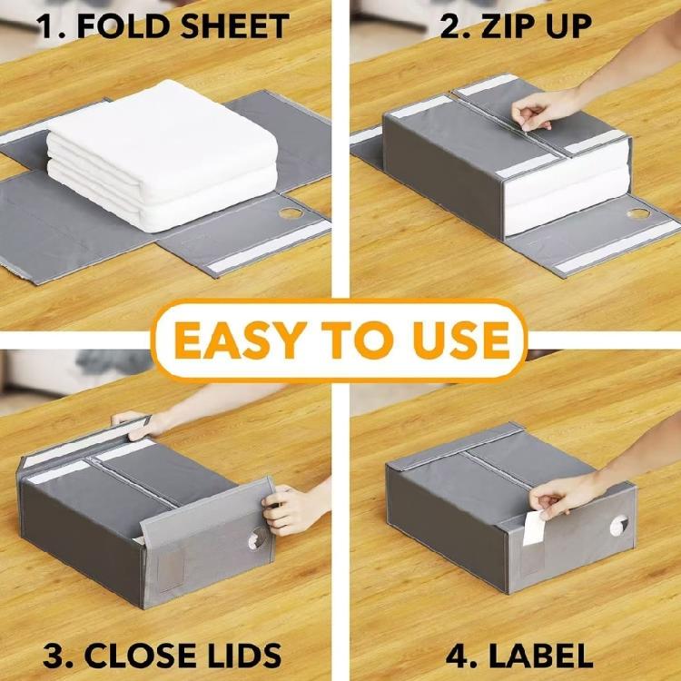 Bedding Storage Bag with Fabric Exterior for Sheet and Duvet Cover Sorting, Covered Case for Bedroom Shelf Use