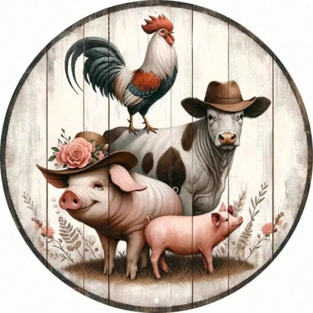 Vintage Farm Round Metal Wall Art Rustic Animal Decor Home Retro Tin Sign