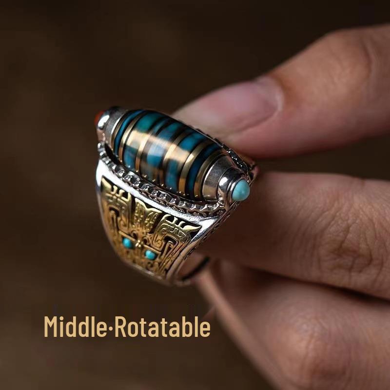 Transshipment Nine-Eyed Dzi Rotatable Mantra Ring - Retro Domineering Design