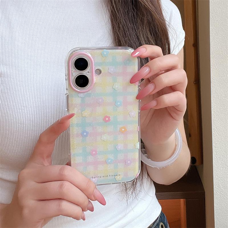 Plaid 3D Flower Pendant Phone Case for iPhone 17, 16 Pro Max/15 Pro - Girly Style