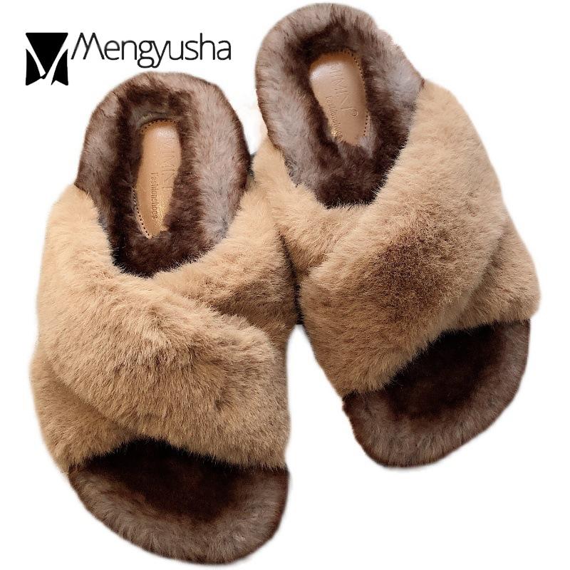 Модные знаменитые меховые тапочки с перекрещенными ремешками женские зимние туфли теплые — фото 7