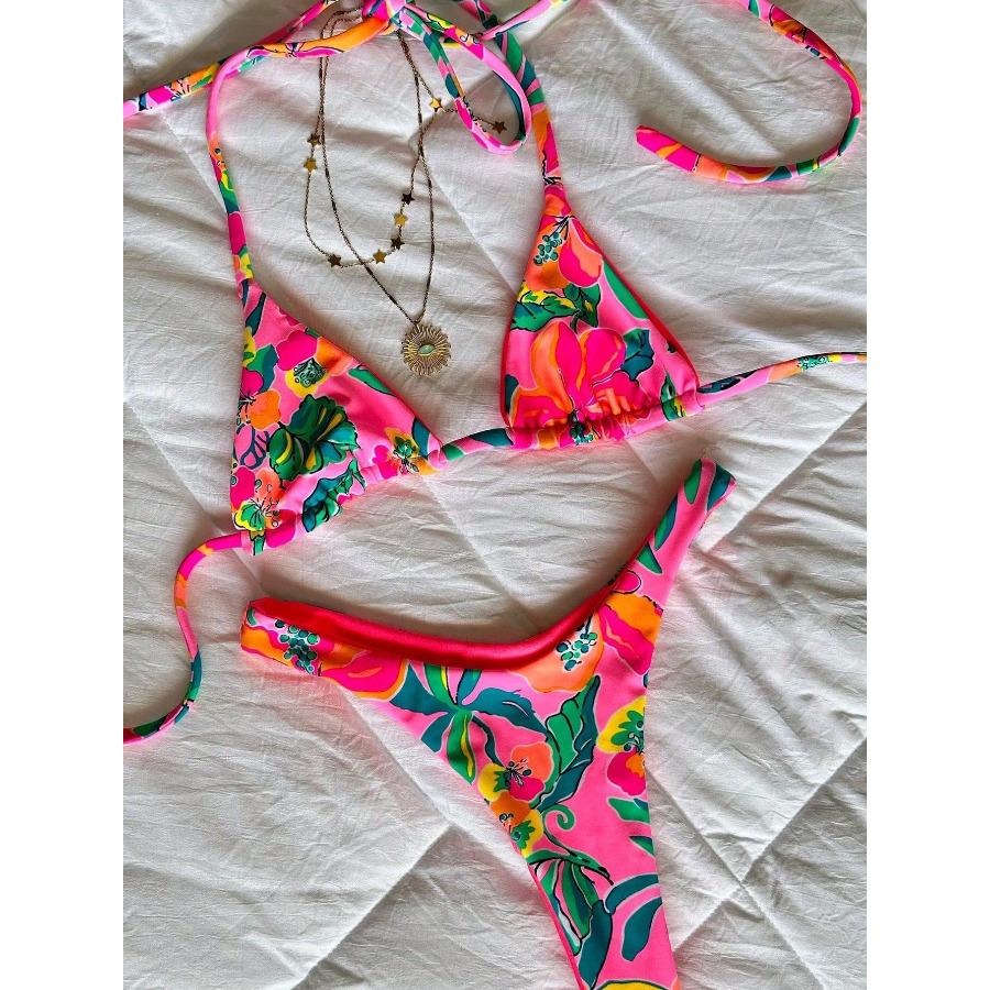 

Women s Floral Print Two Fabric Bikini Set Sexy Tie Side Swimwear, Carmine Red Color for Summer Beach Vacation S