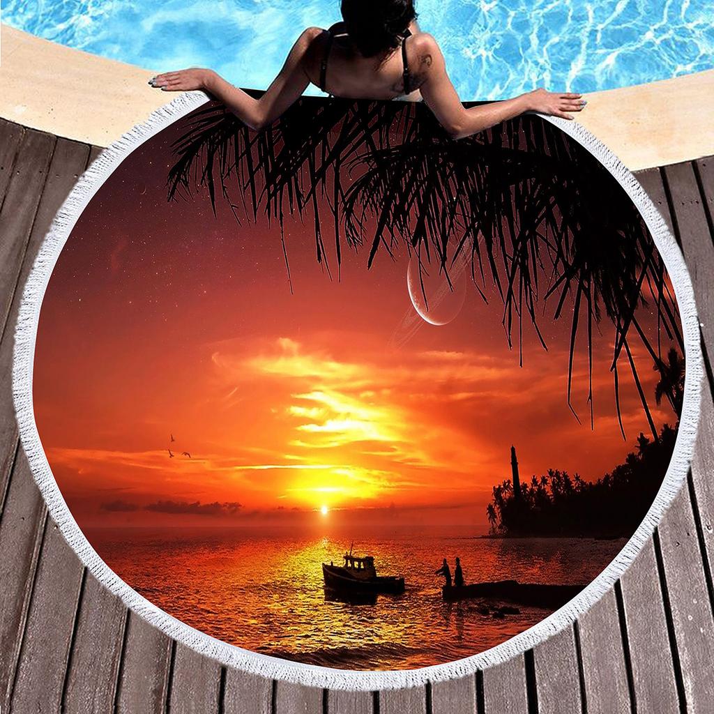 Sunset Landscape Round Beach Towel, Microfiber Beach Seawater Beach Blanket Lightweight Absorbent Circle Swim Towel with Tassels