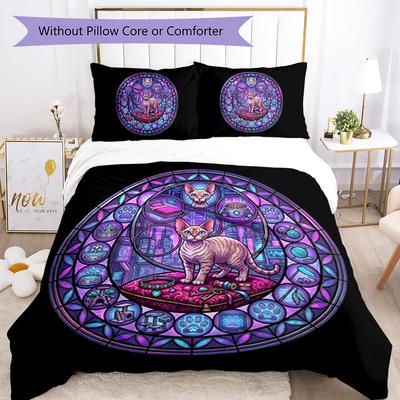 Glass Cat Fantasy Pattern Bedding,Quilt Set Quilt Cover Pillowcase Home Birthday Gift (1 * Duvet Cover + 2 * Pillowcase, Without Core)