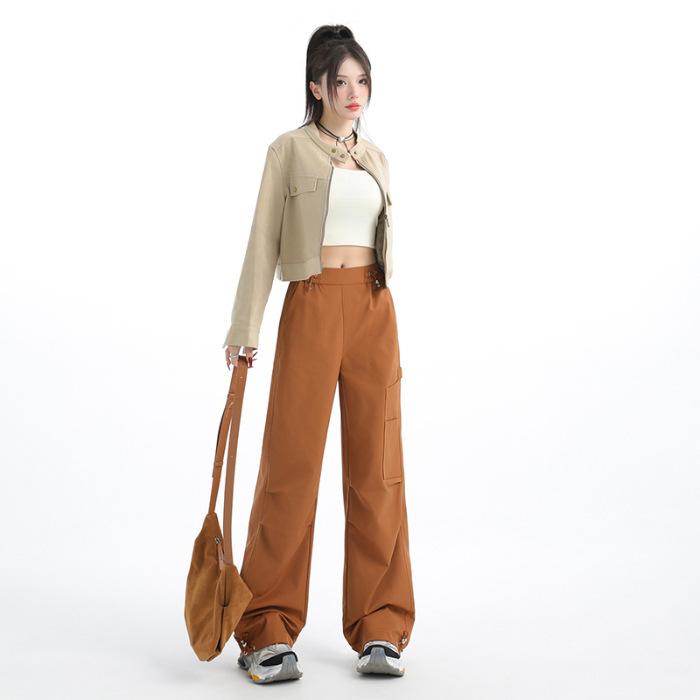 

Осенние плотные красные рабочие брюки Encore для женщин Осенние повседневные брюки для женщин Осенние брюки на кулиске с высокой талией Американские спортивные брюки для женщин XL