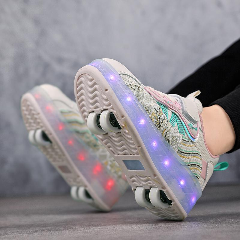 TUINANLE Rollschuhe mit vier Rädern, Laufschuhe für Jungen und Mädchen, können laufen, rutschen und schrumpfen, Blinklichter für Schüler