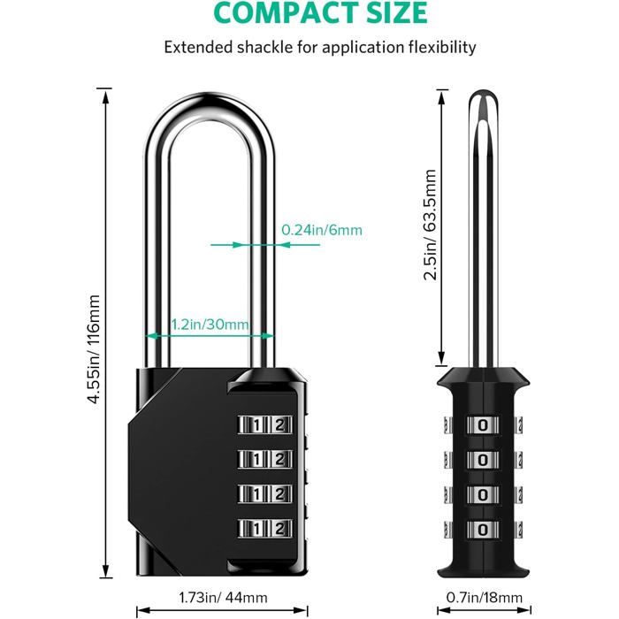 Cadenas - 4 chiffres - 6,5 cm - Étanche - Réinitialisable - Noir