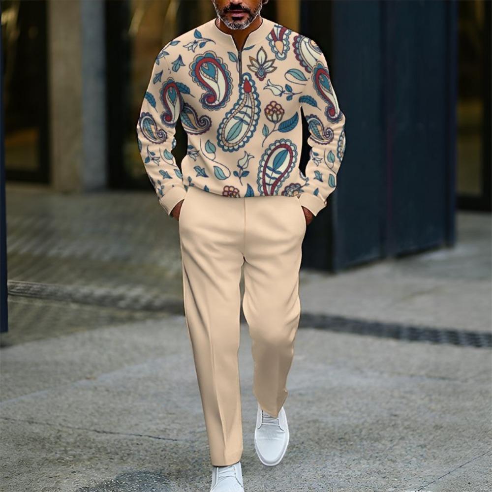 Spring Autumn 3D Printed Fashion Men's Long-Sleeved Sets Half-Zipper Stand-Up Collar Men's Casual Sportswear Two-Piece Set