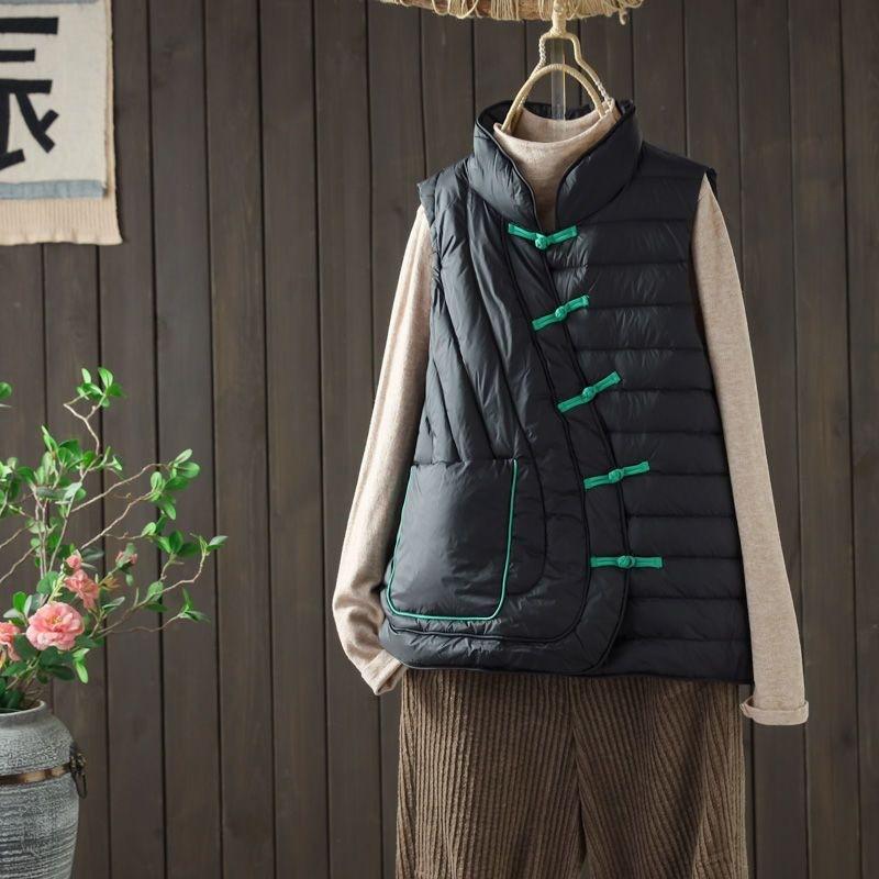 Womens Lightweight Down Vest With Mandarin Collar Button Front Short Puffer