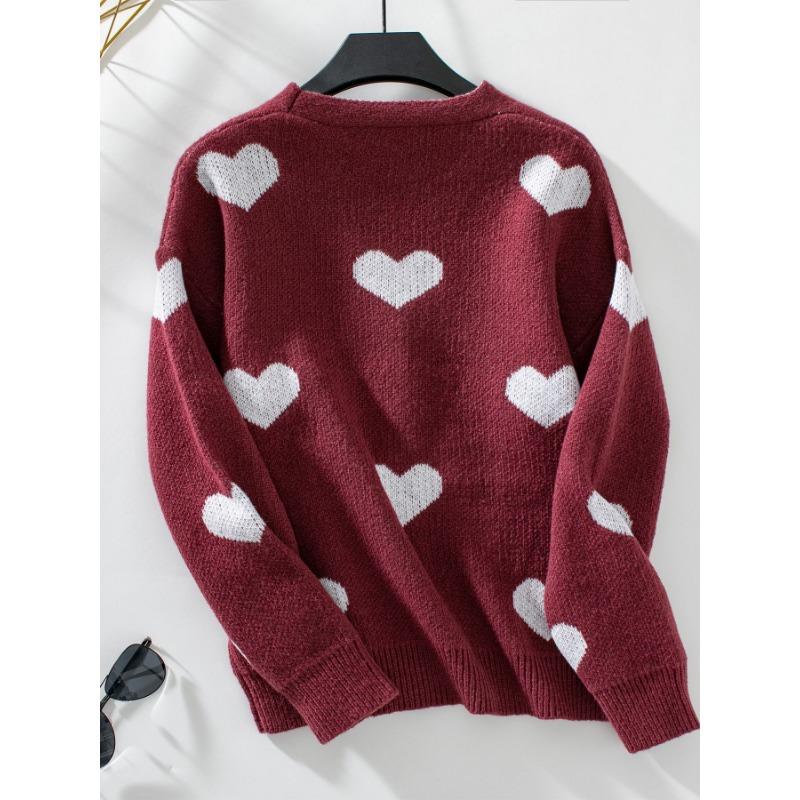 Women Loose Single Breasted Heart Pattern Long Sleeve Knit Cardigan Sweater