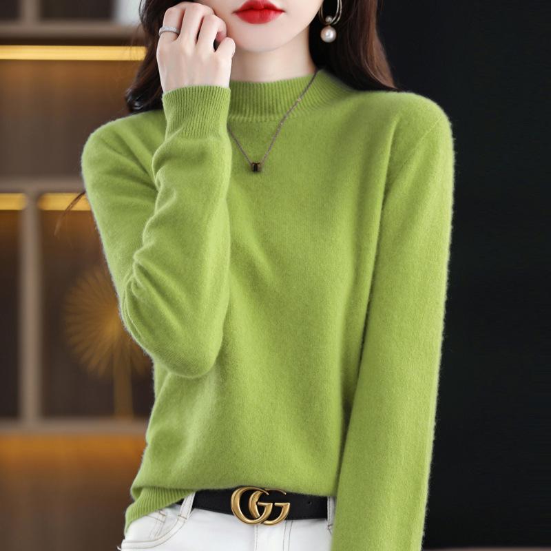 

Women s Pure Wool Ribbed Sweater - Autumn/Winter Loose Fit Semi-High Neck Pullover M