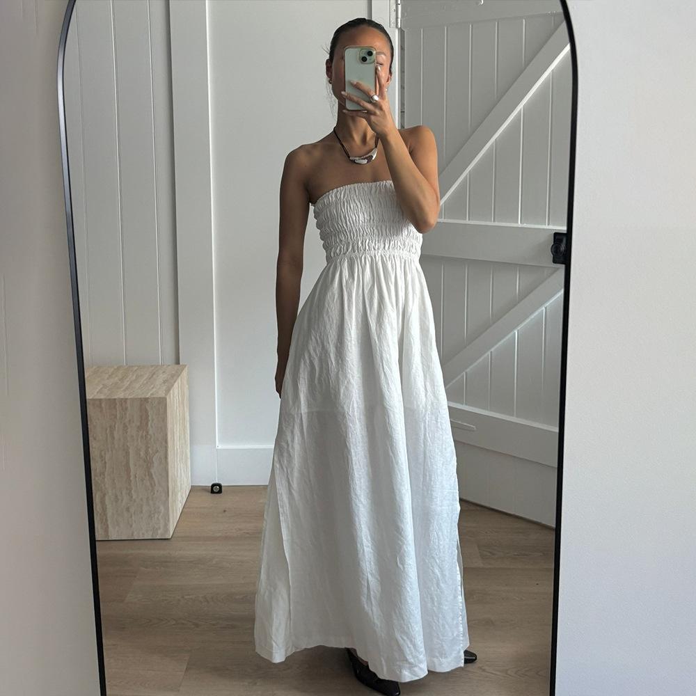 tube top dress European and American summer new holiday off-the-shoulder pleated high-waisted long dress