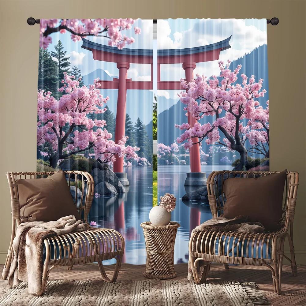 Set Of 2 Jit Cherry Blossom Pastoral Curtain Japanese Scenery Design Polyester Spring Window Decor Home With Light Blocking