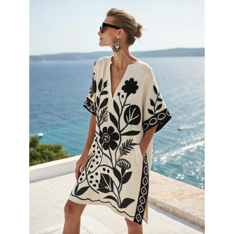 2026 summer European and American new loose printing V-neck women's casual vacation dress
