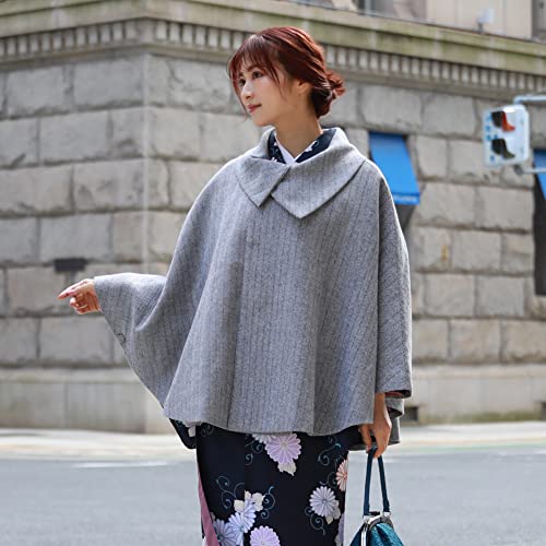Brilliant Piece Kimono Coat, Shawl Collar Poncho Cape, Winter Herringbone Kimono Coat, Cold Weather Haori, Gray