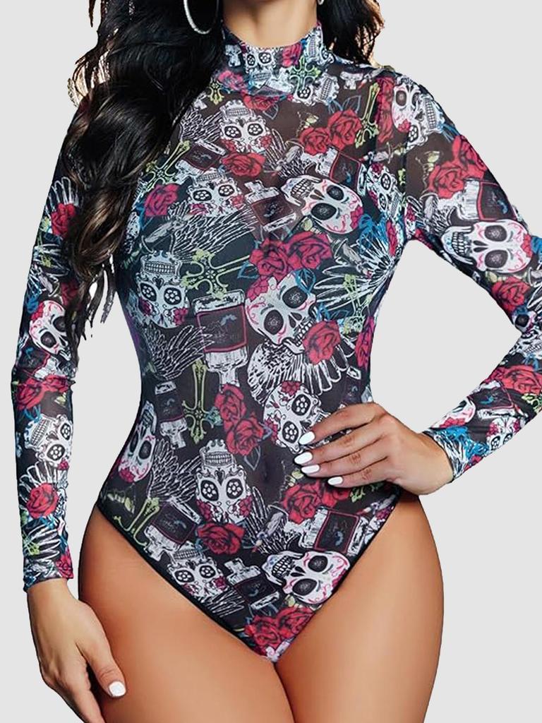 Elegantní průsvitné krajkové body s vysokým výstřihem a dlouhým rukávem