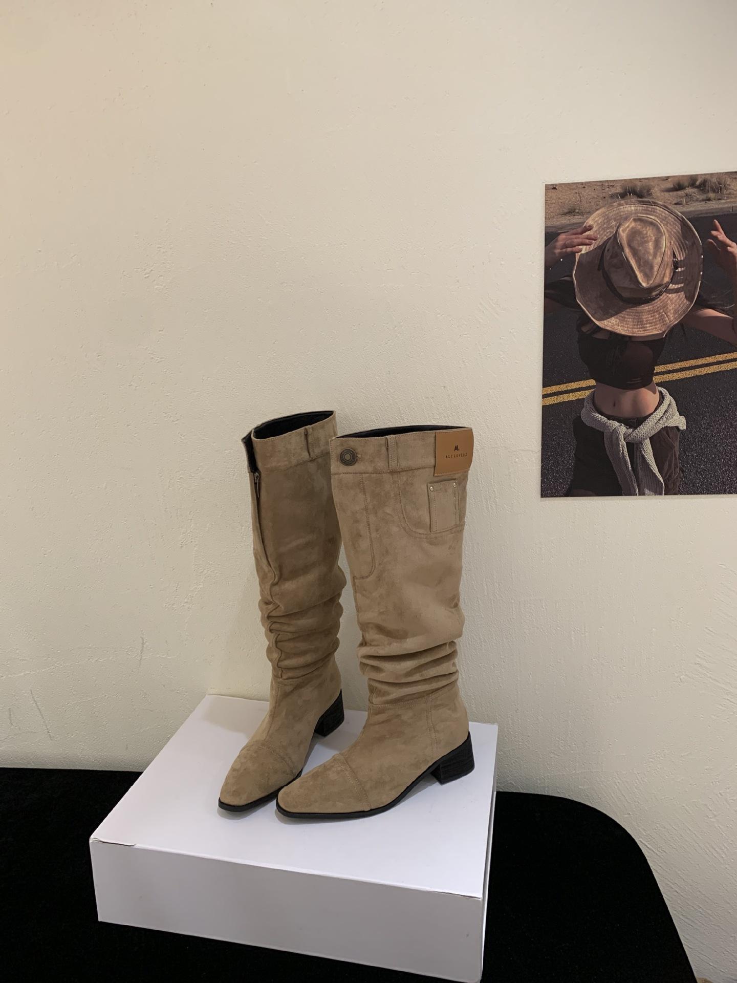 

Винтажные ботинки Maillard Ботинки-трубы с узкой плиссировкой Женские летние ботинки с острым носком и толстым каблуком цвета хаки 39