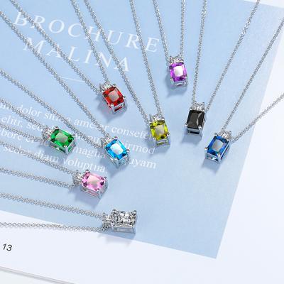 925 Sterling Silver Simple Multi-color Rectangular Zircon Pendant Necklace Anniversary Birthday Wedding Party Gift