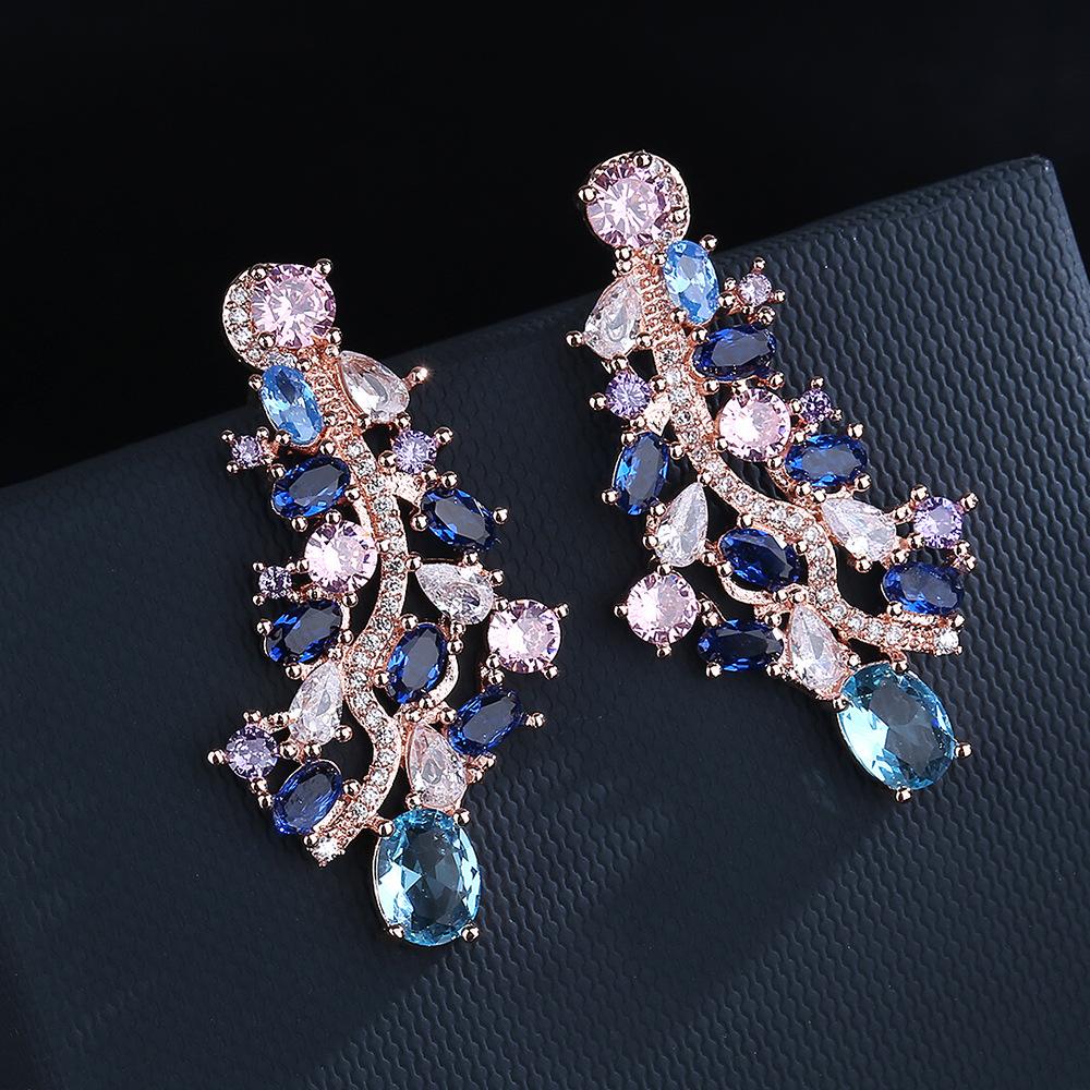 

925 silver vintage sapphire tassel boho Ear Studs colorful zircon Ear Ornaments long ear clips Gathering birthday jewelry gifts