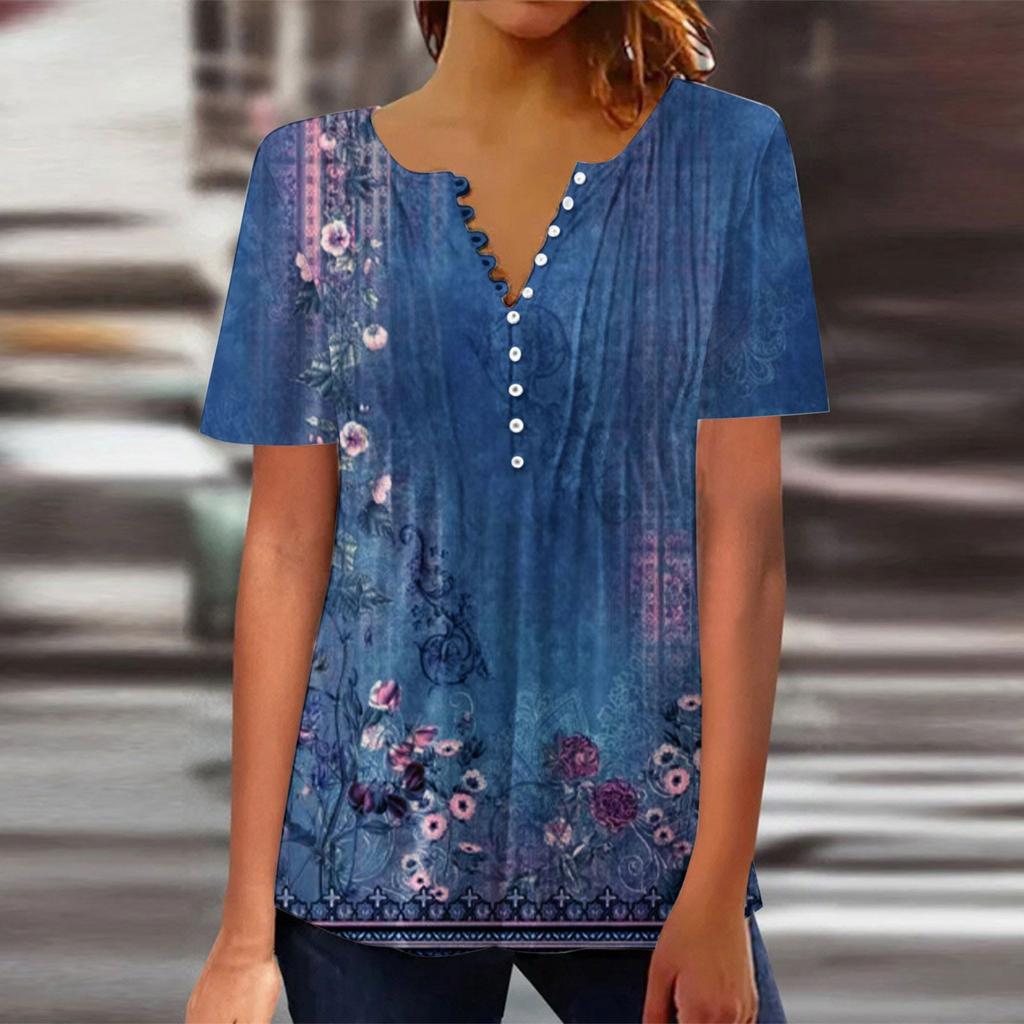 Oberteile für Damen, Blumendruck, Rundhalsausschnitt, lässige Bluse, Knöpfe, plissiert, kurzärmelig, lockeres Pullover-Shirt