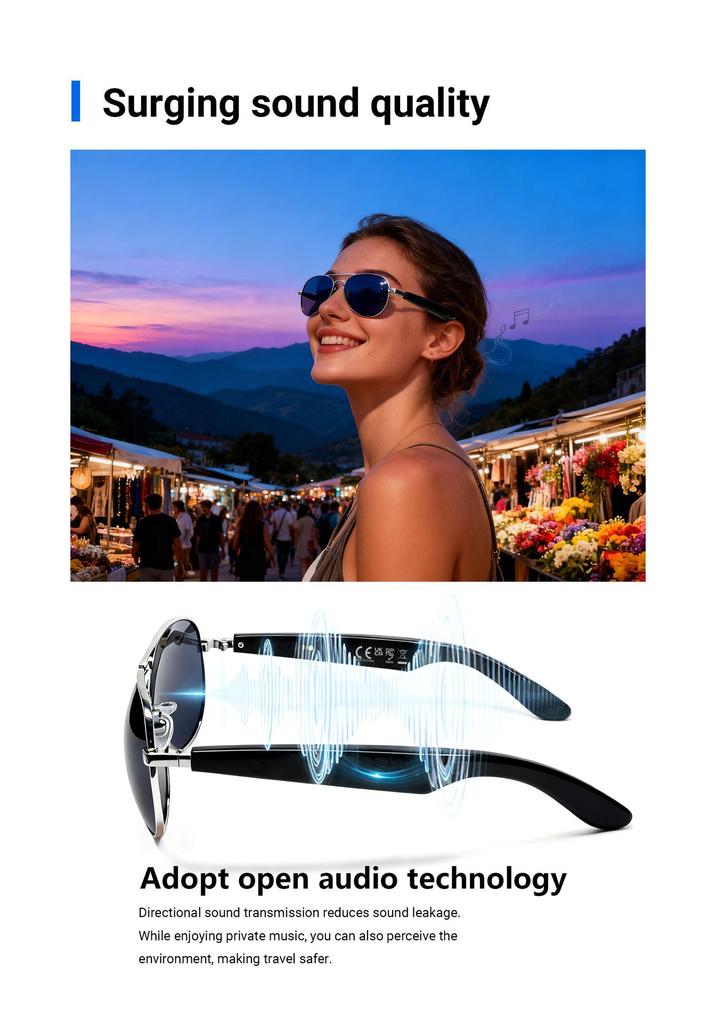 AI Smart Bluetooth Sunglasses: Real-time Translation In 100+ Languages, Call Support, and Music Streaming.