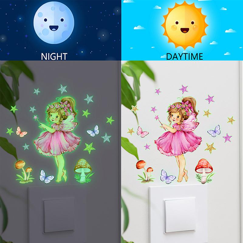 Cartoon Cute Mushroom Little Girl Stars Butterfly Glow-In-The-Dark Stickers Switch Stickers Decorative Wall Stickers