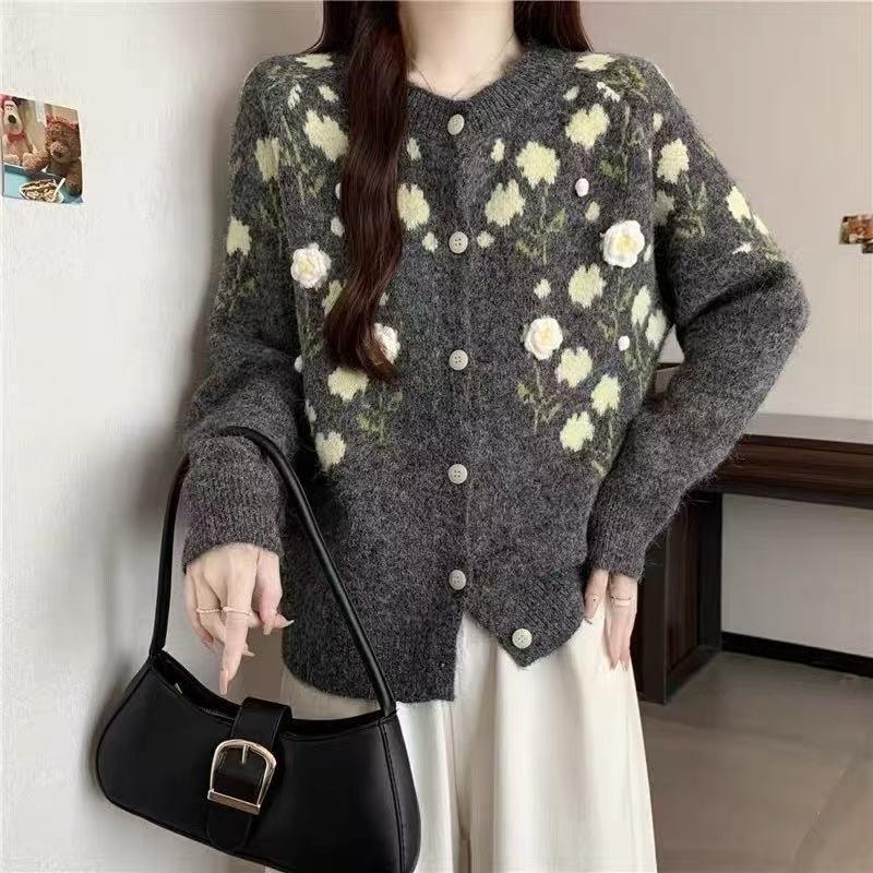 Korean Style Floral Knit Cardigan Women Soft Loose Fit All