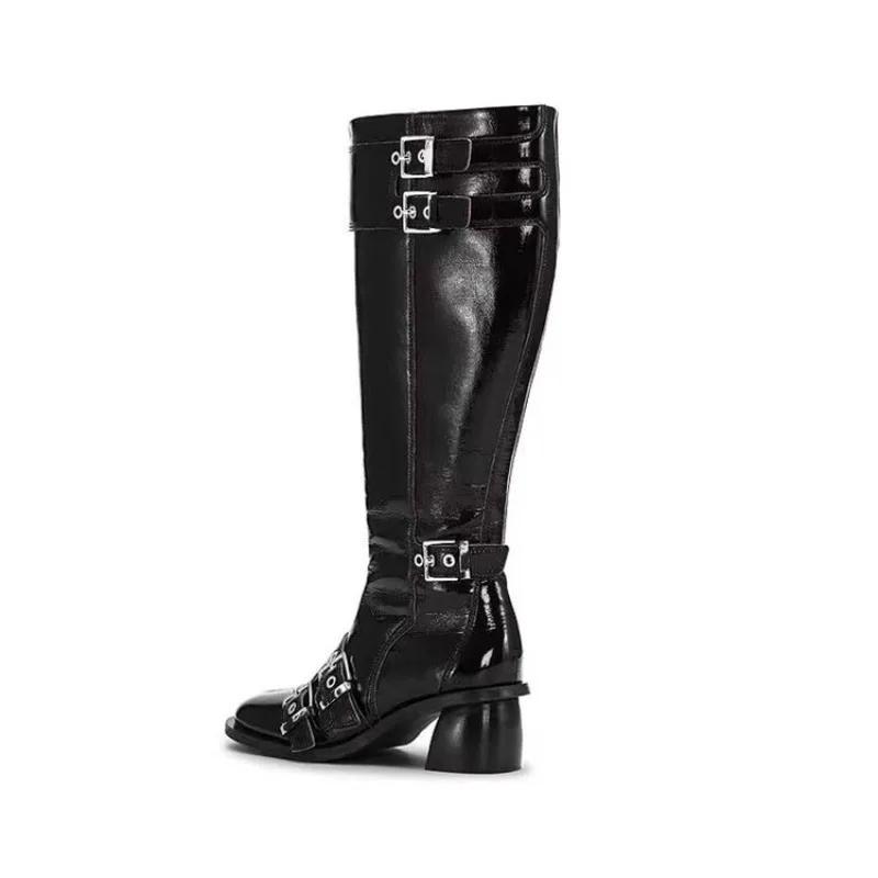 Fashion Brand Design Belt Buckle Decoration Black Knee High Boots Autumn Winter Fashion Round Head Spicy Girl Sexy Women Long Boots 43