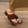 Sheepskin Version~ Niche Suede Tassel Low Heel Square Head Set Toe Slippers Women's Wear 2025 Summer Cool Slippers