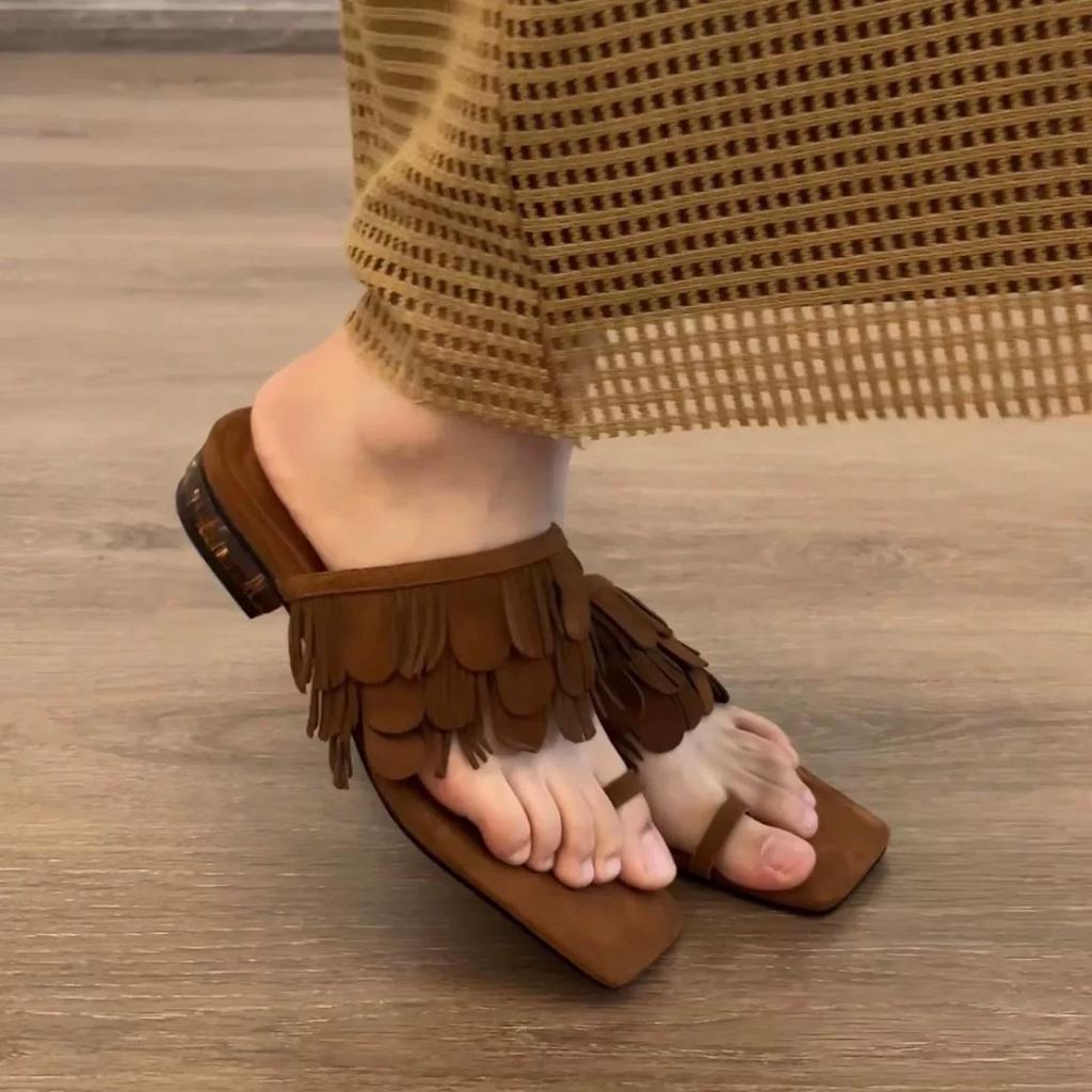 Sheepskin Version~ Niche Suede Tassel Low Heel Square Head Set Toe Slippers Women's Wear 2025 Summer Cool Slippers