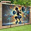 Powerful Fitness Tapestry, Graffiti-Style Female Athlete Performing a Squat with Bold Blue and Orange Splashes, High-Energy Gym Wall Art